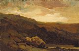 Edward Mitchell Bannister mountainous landscape with rock and stream in foreground painting